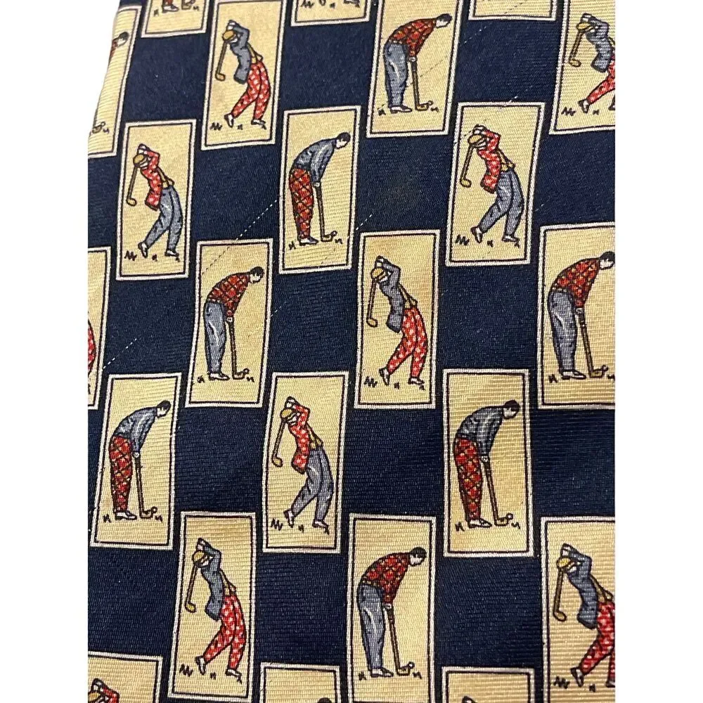 Hathaway‎ Silk Golf Theme Necktie Navy Blue Yellow Checkered Pattern Z-3